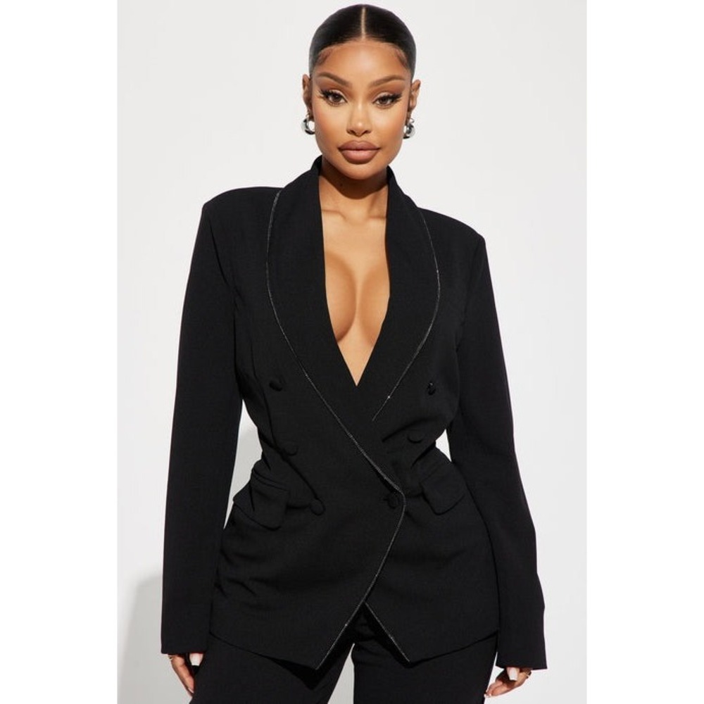 Fashion Nova Talk Serious Rhinestone Blazer Black Double Breasted Large NWT